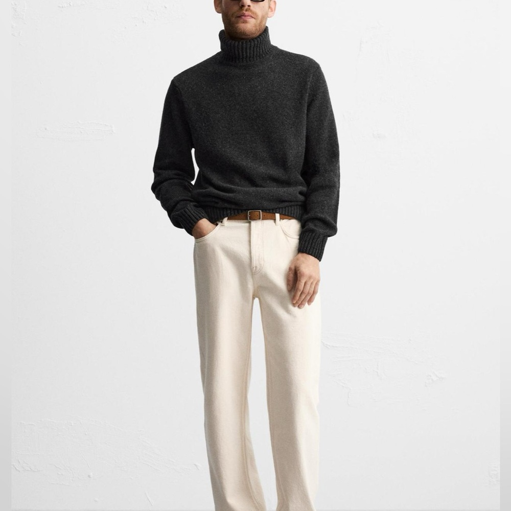 Zara Wool Blend Turtleneck Sweater Mens L Gray Ribbed Knit Pullover